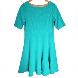 Julian Taylor Aqua‎ Blue Jacquard Stretch Knit Short Sleeve Fit & Flare Dress